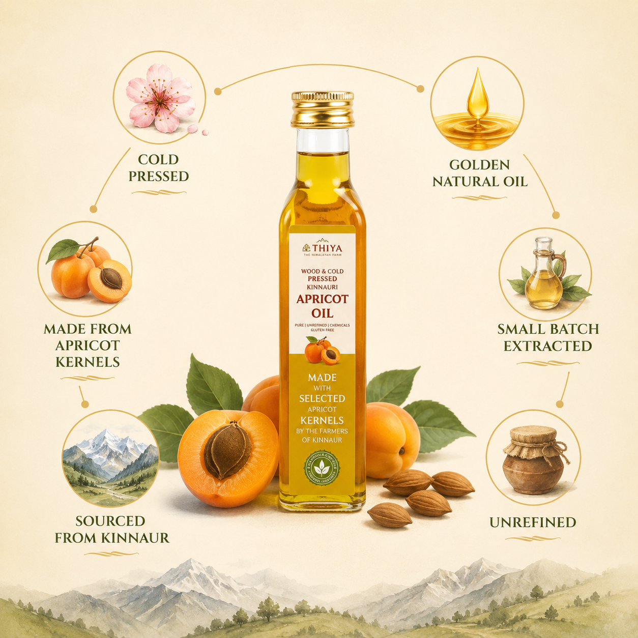 Thiya Himalayan Apricot Kernel Oil | Wood & Cold Pressed | Kinnaur Apricot Oil | 200ml