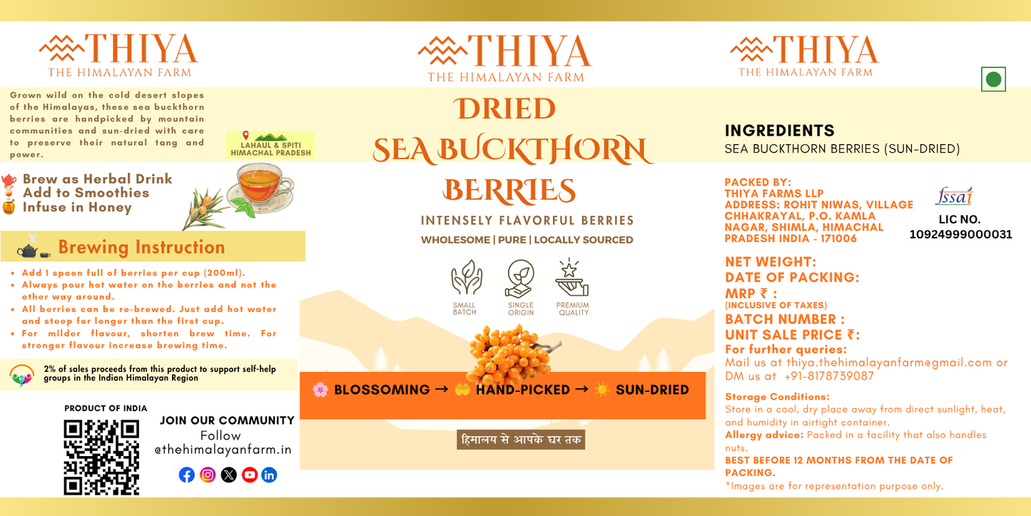 Thiya Premium Sea Buckthorn Berries (Dried Seabuckthorn) | Grown in Lahaul and Spiti | 60 Gm