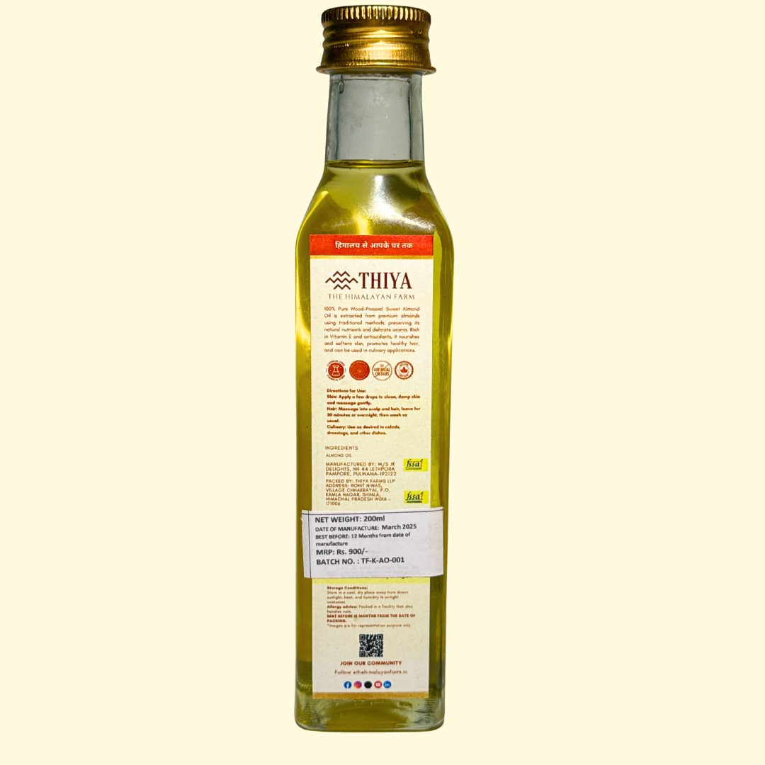 Thiya Cold Pressed Almond Oil (Wood Pressed) | Made from Kashmiri Mamra Almonds  | Natural | Edible & Topical  | Kashmir's Finest | 200ml